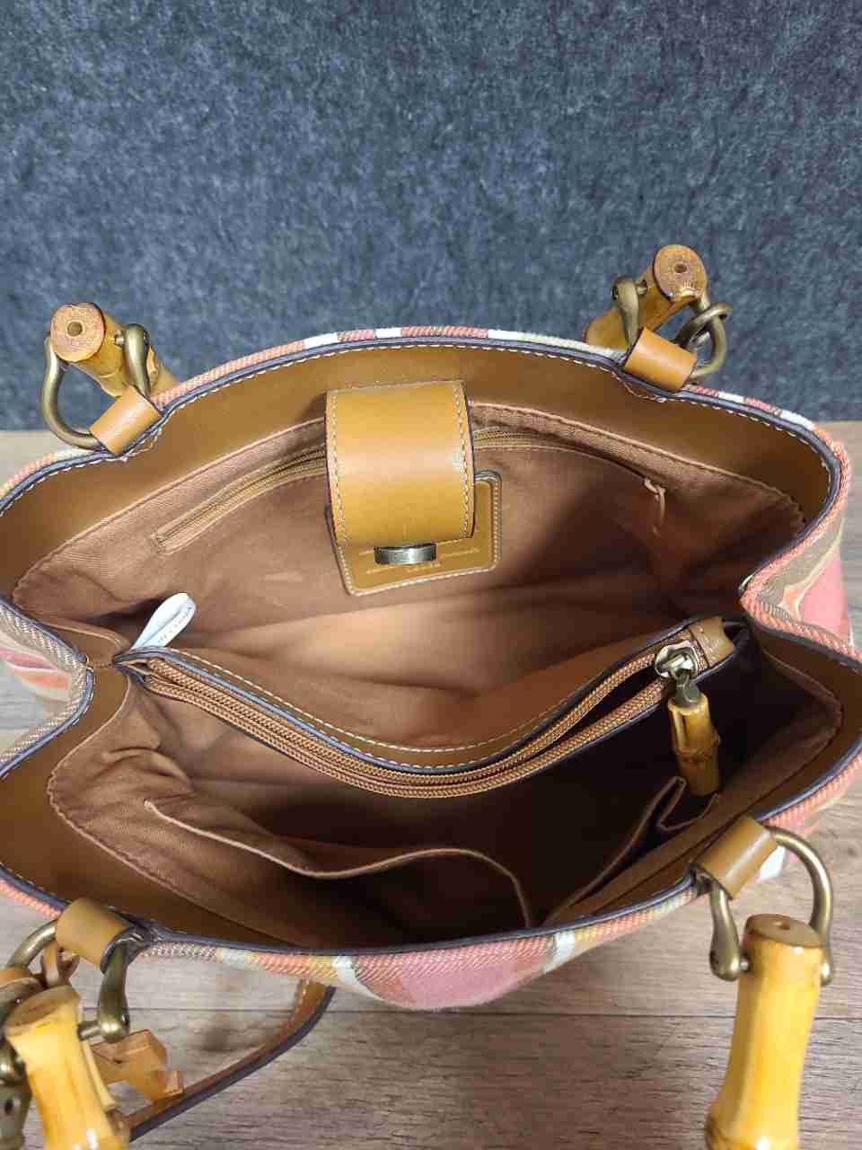 Fossil Striped Canvas Bamboo Handle Satchel Bag Pink Orange Multi-Color