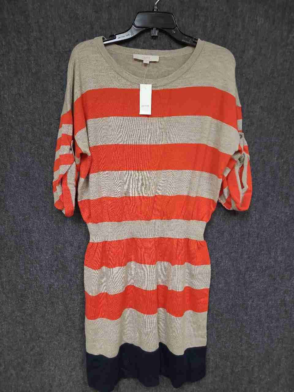 Loft Women's Orange Striped Merino Wool Blend Knit Sweater Dress NWT Sz L