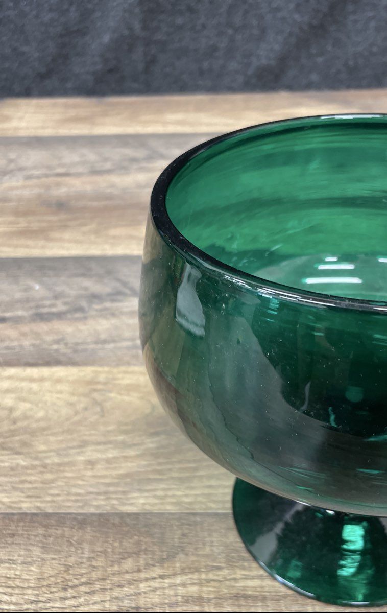 Vintage Art Glass Emerald Green Pedestal Bowl Compote Dish 6" Mid-Century