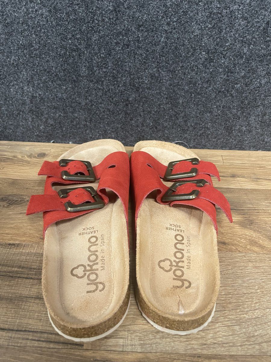 Yokono Red Leather Two-Strap Buckle Slide Sandals Made in Spain Size 7.5
