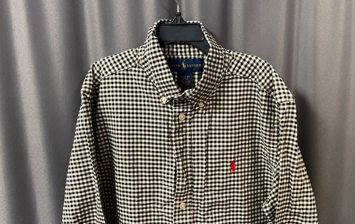 Polo Ralph Lauren Boys Black White Check Gingham Button Down Shirt Sz L 14-16