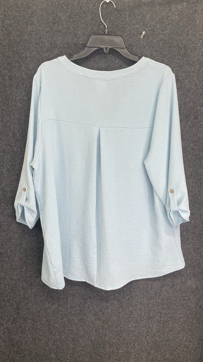 Naif Women's Light Blue Roll Tab Sleeve Split Neck Textured Blouse Top Size 1X