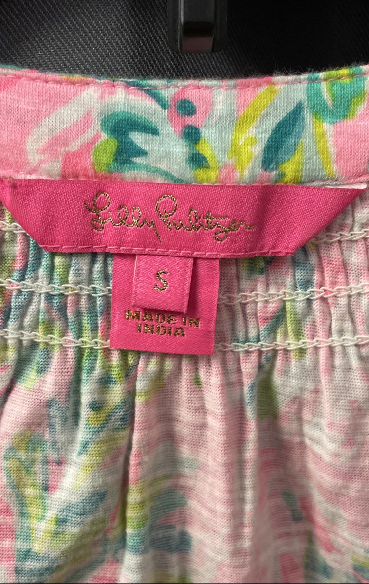 Lilly Pulitzer Women's Pink Tropical Floral Sleeveless Henley Cotton Top Sz S