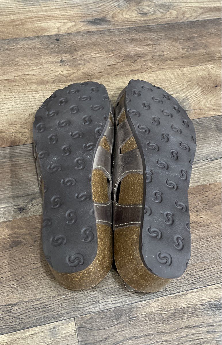Sabatin Brown Leather Closed Toe Cork Wedge Mary Jane Slides Size 42