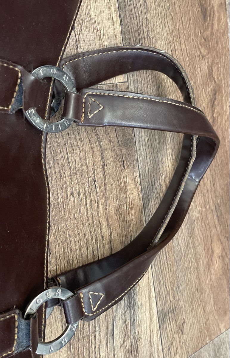 Vintage Tommy Hilfiger Brown Leather Satchel Handbag Silver Hardware