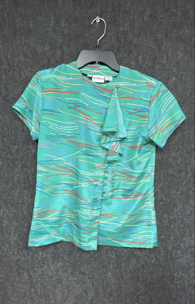 Vintage 90s Liz Claiborne Women's Green Abstract Ruffle Blouse Skirt Set Sz 4