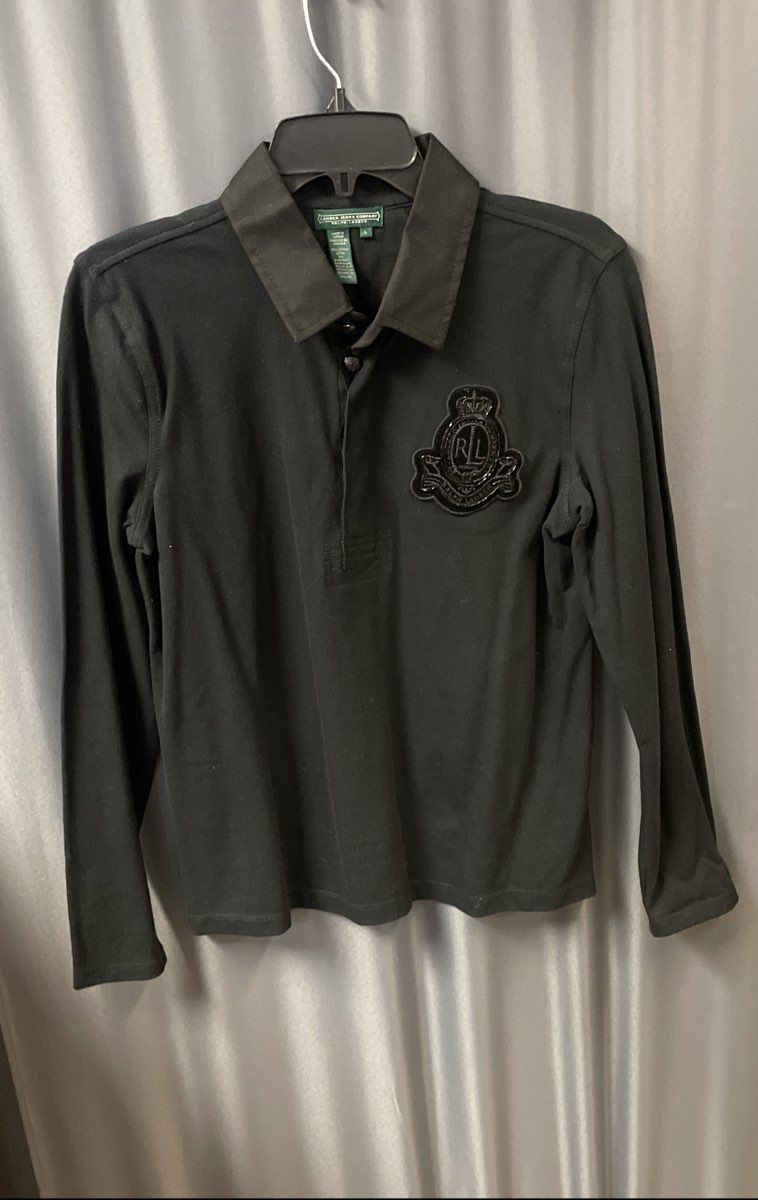 Lauren Jeans Co Ralph Lauren Women's Black Long Sleeve Crest Polo Shirt Sz L