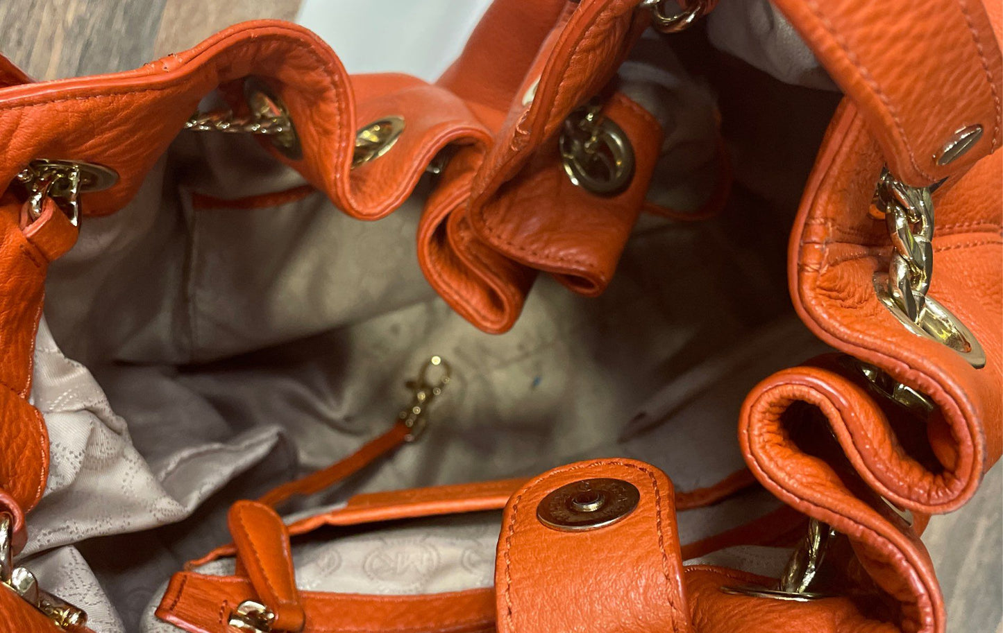 Michael Kors Orange Pebbled Leather Large Shoulder Tote Bag Gold Hardware