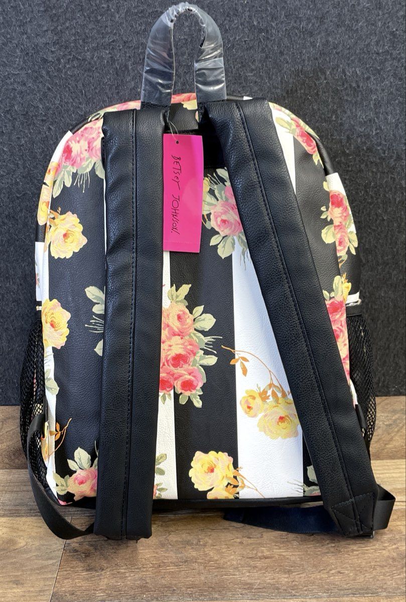 Betsey Johnson Black White Striped Rose Floral Faux Leather Backpack NWT