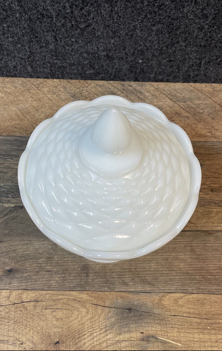 Pressed Milk Glass White Lot 2 Lidded Candy Dish & Small Ruffled Bowl Vintage