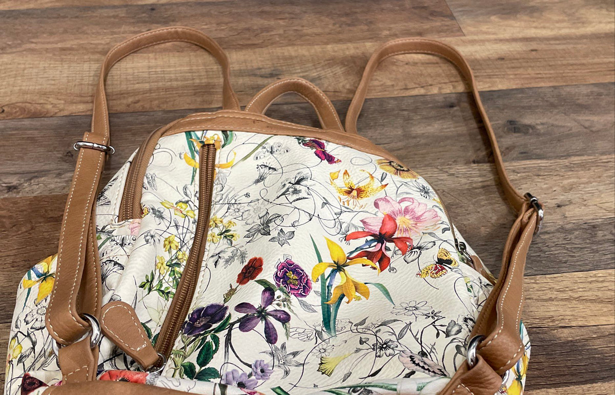 Multisac White Floral Butterfly Leather Mini Backpack Multi-Pocket Purse Bag