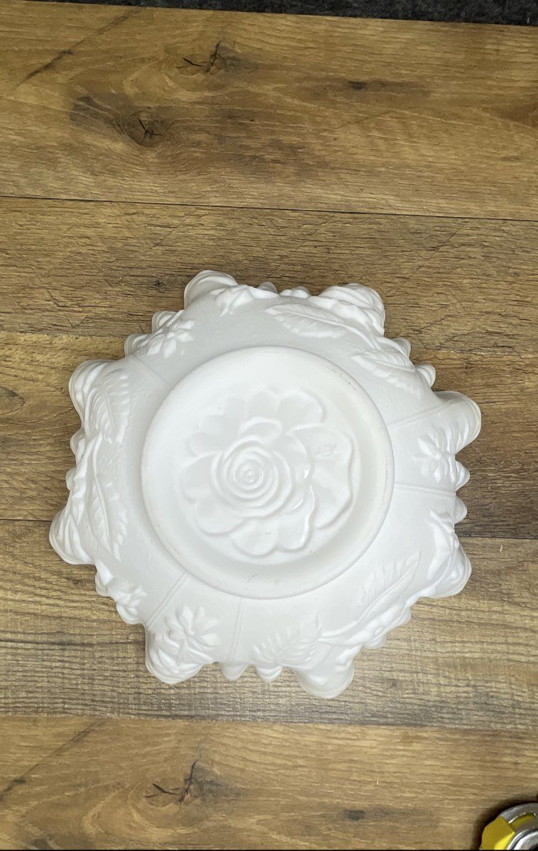 Satin Glass White Rose Pattern Ruffled Bowl 9 Inch Vintage