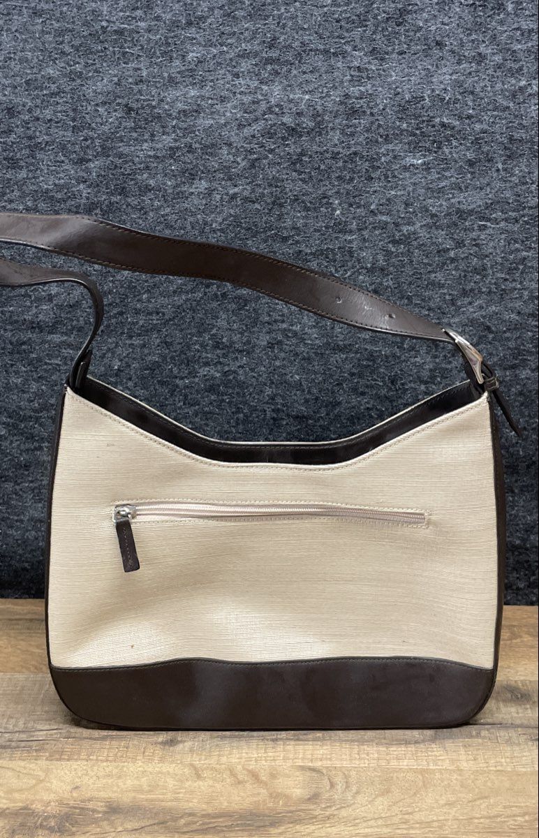 Vintage Oroton Beige Brown Leather Canvas Shoulder Bag Silver Hardware