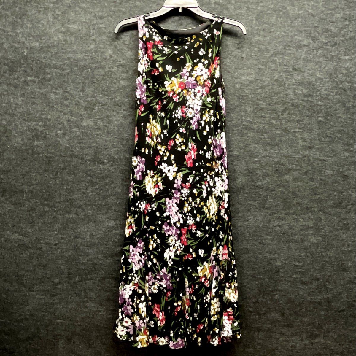Chaps Women's Black Sleeveless Floral Print Midi Dress Tiered Flare Skirt Sz 6