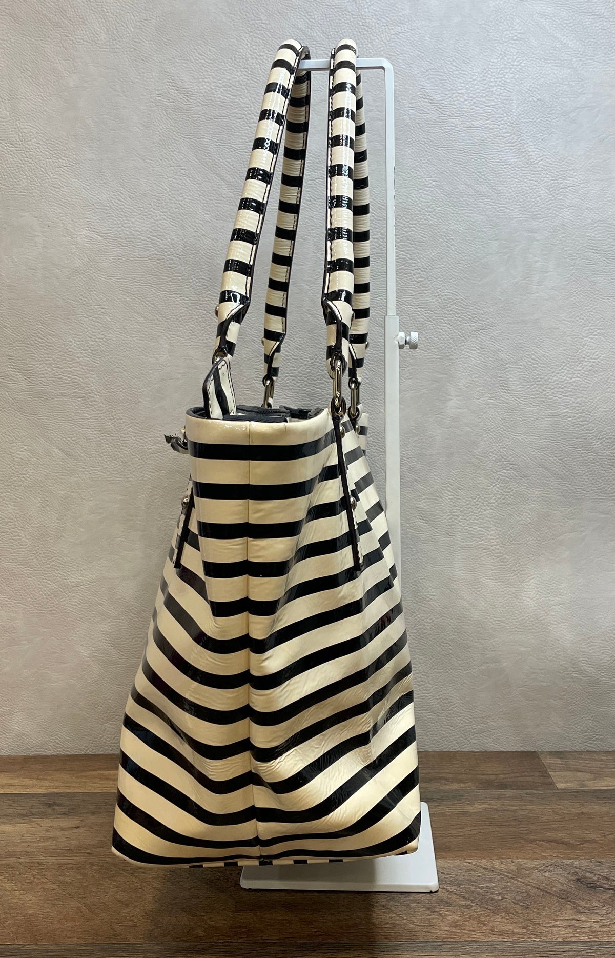 Kate Spade Black White Striped Patent Leather Large Tote Diaper Bag Silver