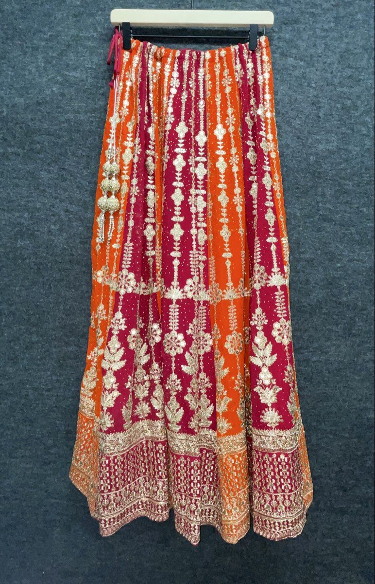 Girls Indian Lehenga Choli 3-Piece Set Orange Magenta Yellow Embroidered Sz 5