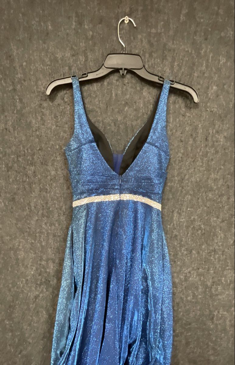 Rianna Couture Women's Blue Shimmer Metallic Rhinestone Waist Slit Gown Sz 2