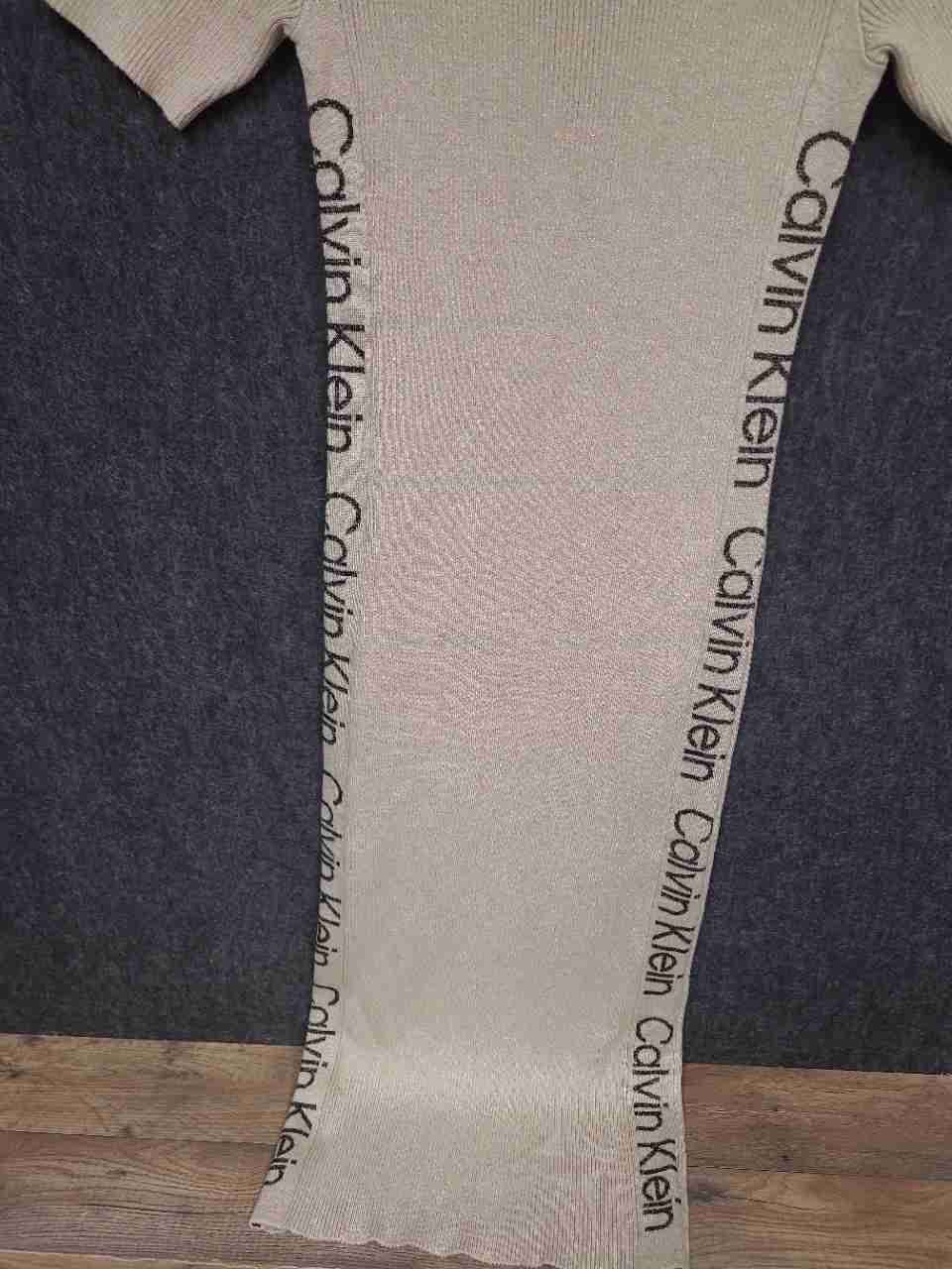 Calvin Klein Women's Beige Gold Ribbed Metallic Logo Tape Midi Dress Sz M