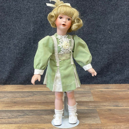 Vintage Porcelain Doll 16" Blonde Hair Brown Eyes Green Dress Lace Trim
