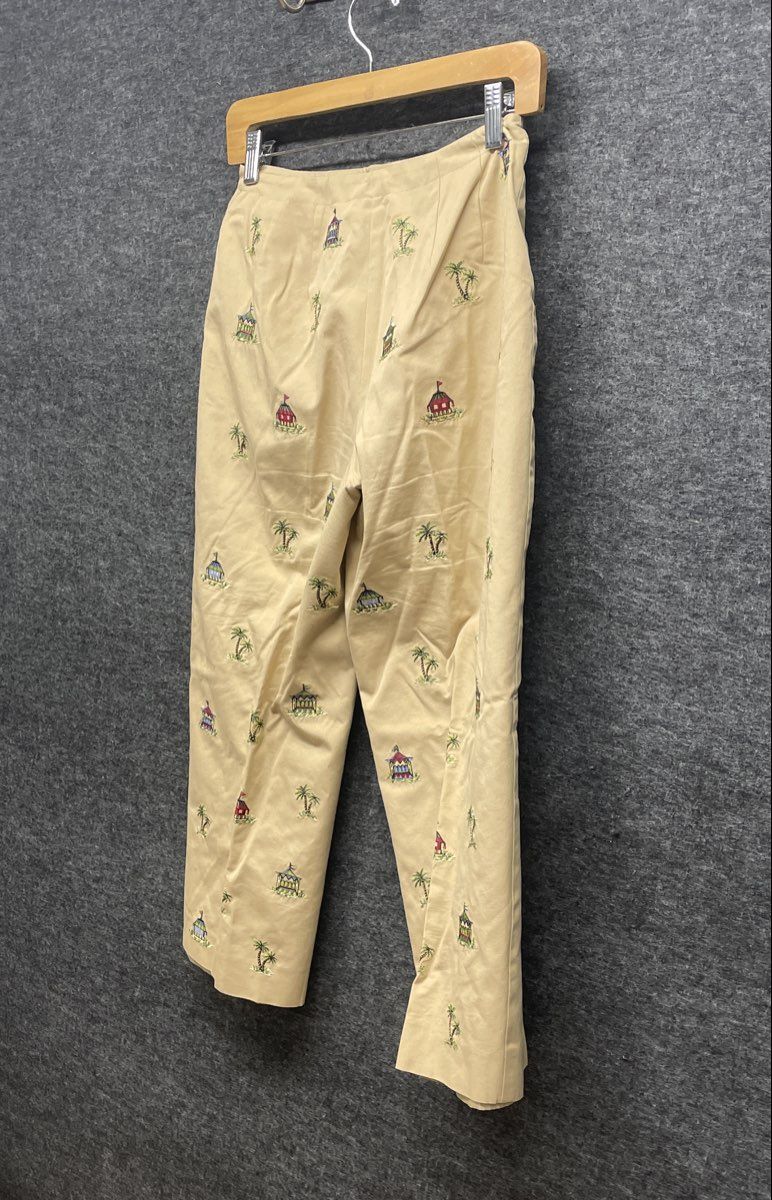 Vintage 90s Talbots Women's Khaki Embroidered Palm Tree Beach Pants Sz 4 Petites