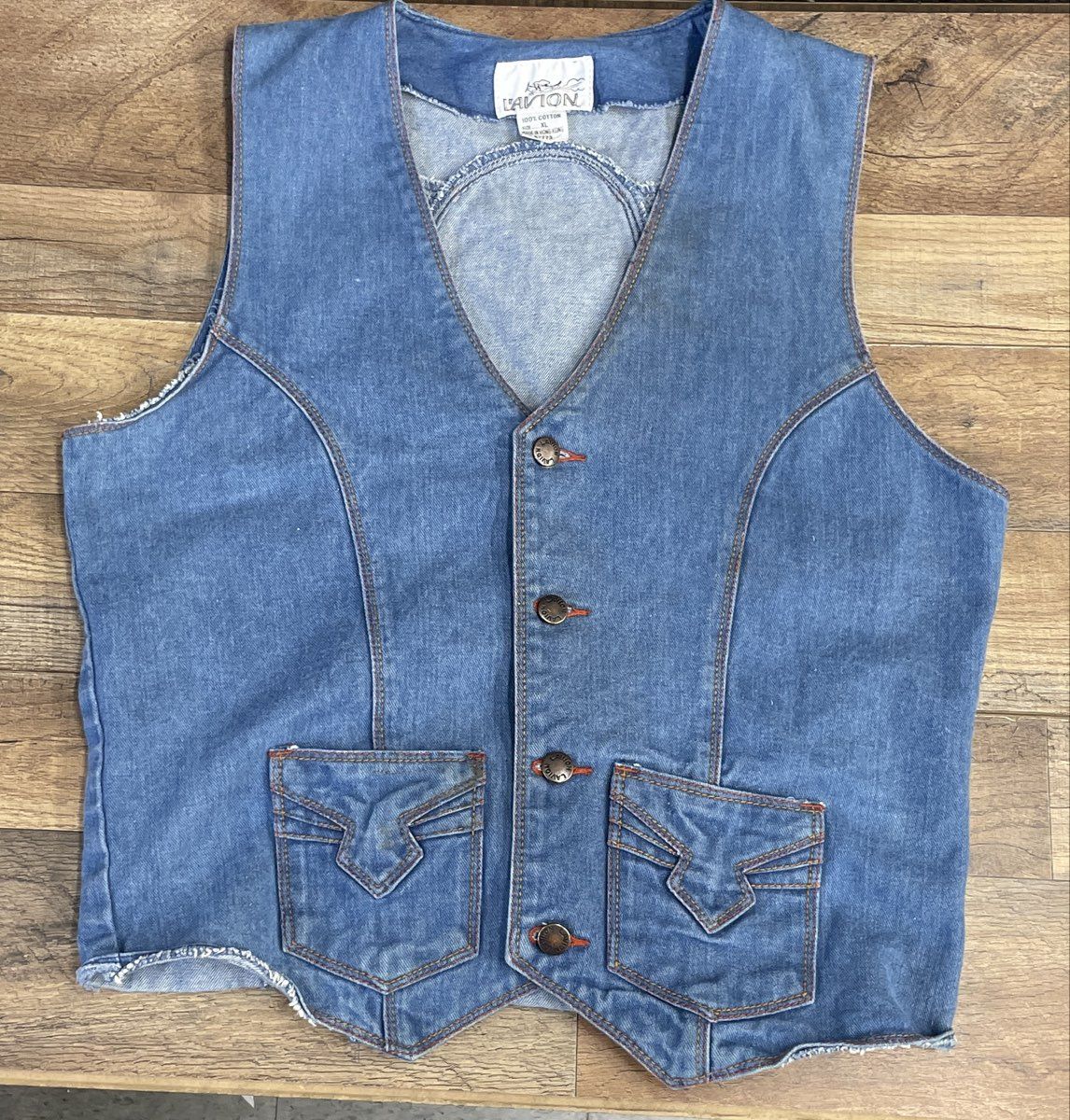 L'Avion Men's Vintage 90s Denim Vest Blue Cotton Frayed Hem Sz XL