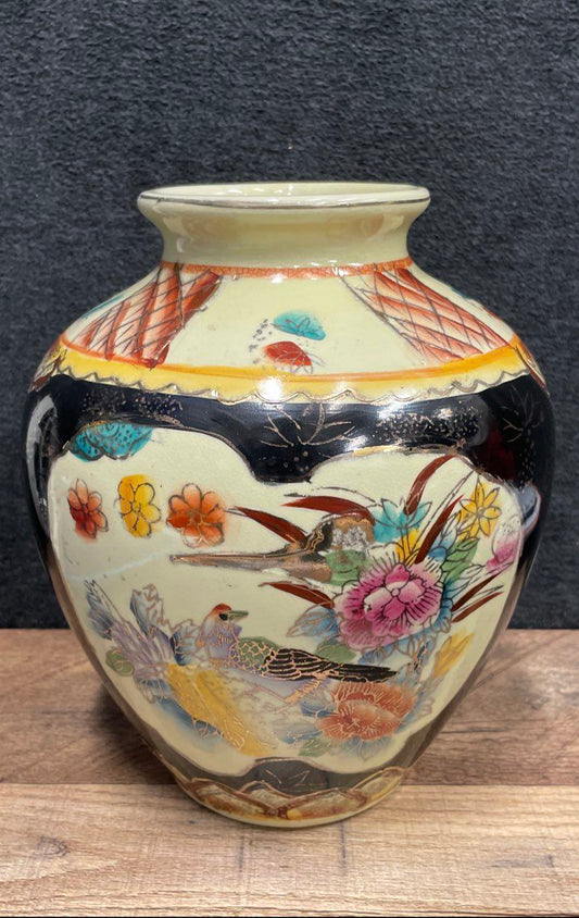 Vintage Japanese Kutani Style Vase Pheasant & Floral Moriage Gold Gilt 9 Inch