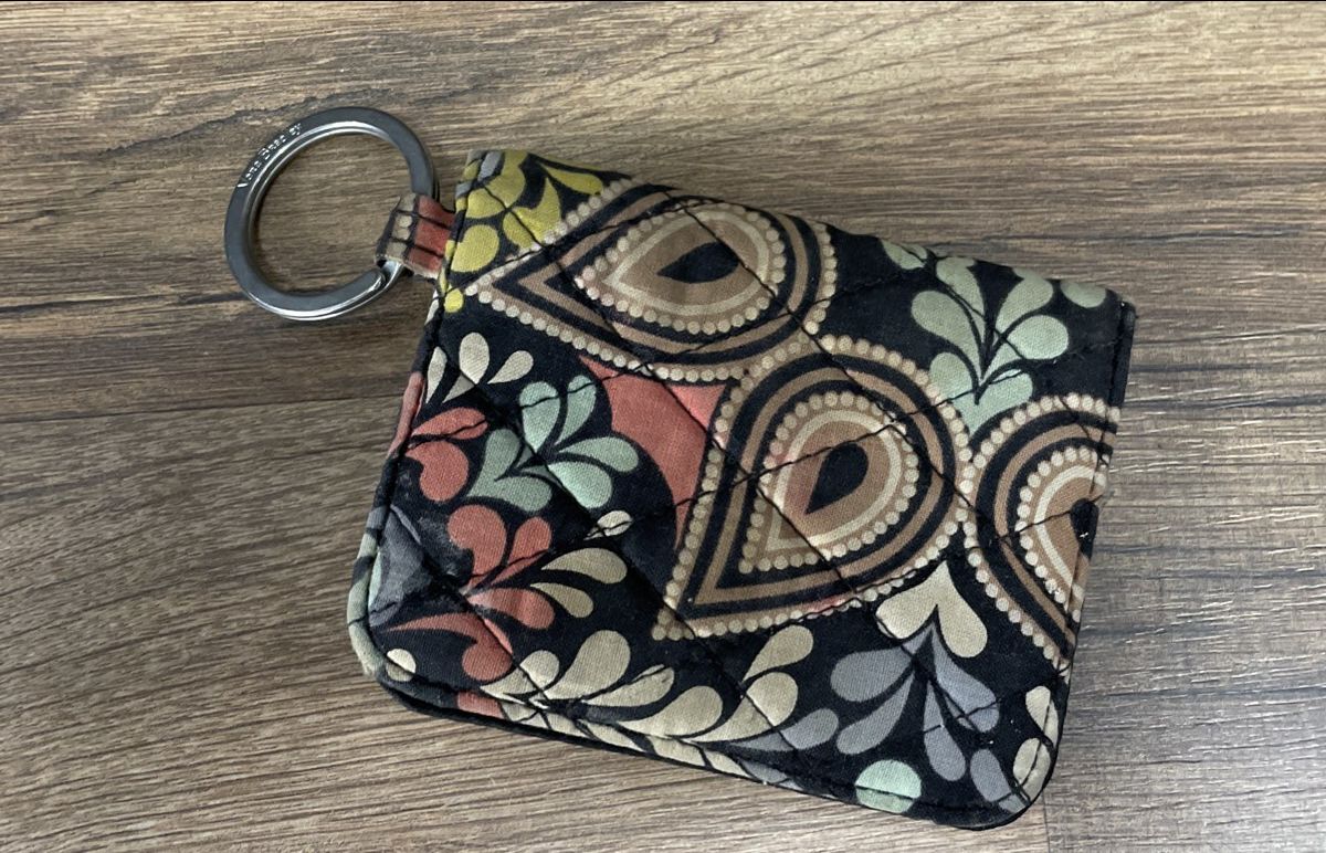 Vera Bradley Night and Day Paisley Quilted ID Case Keychain Wallet Silver Tone