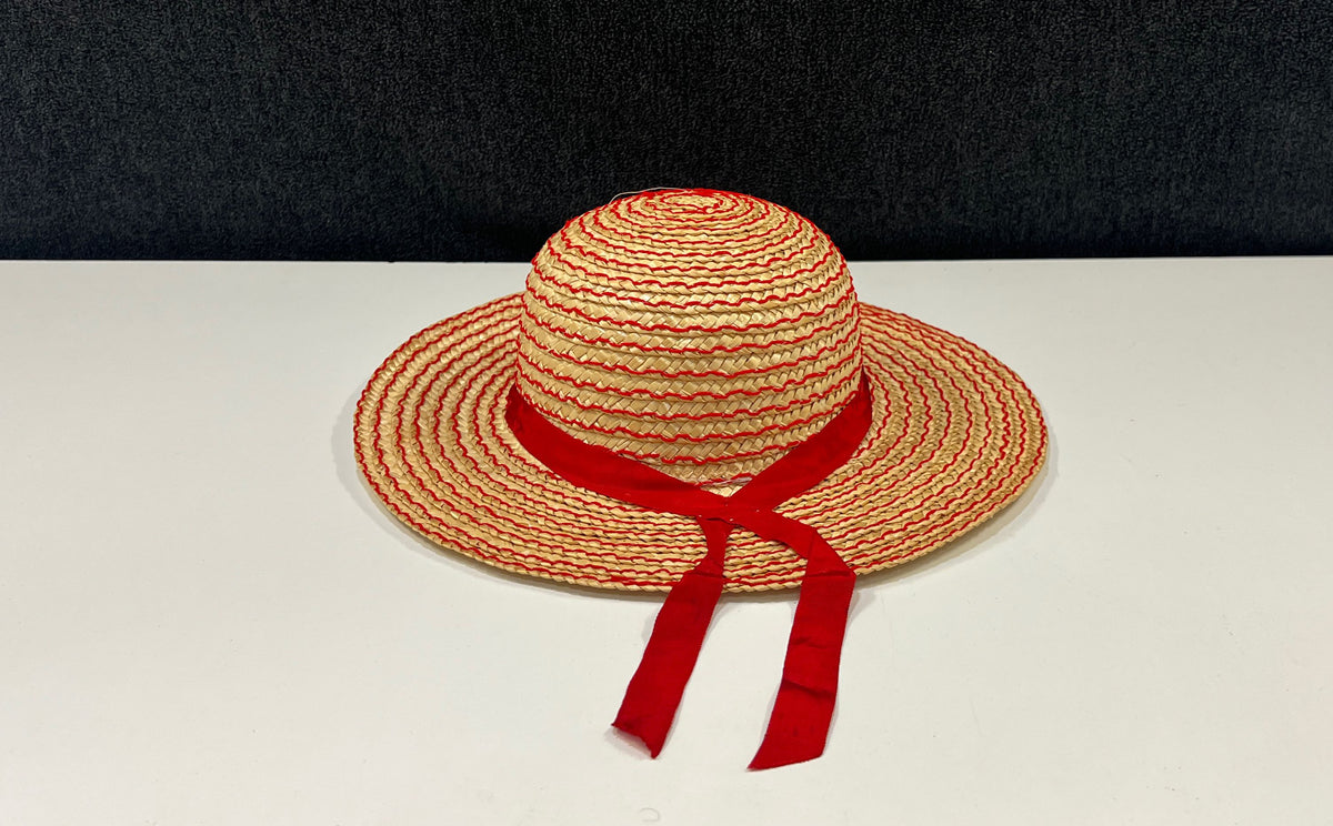 Vintage 80s Woven Straw Sun Hat Red Stitched Detail Wide Brim Ribbon Sz OS