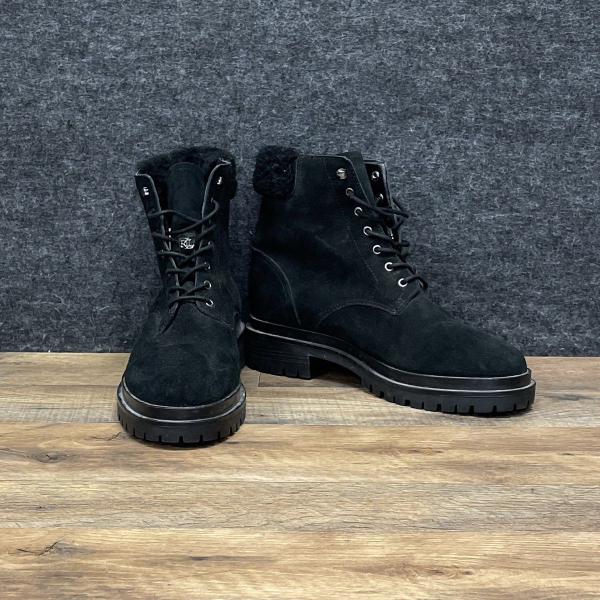 Lauren Ralph Lauren Carlee Black Suede Shearling Combat Boots Women's Size 8