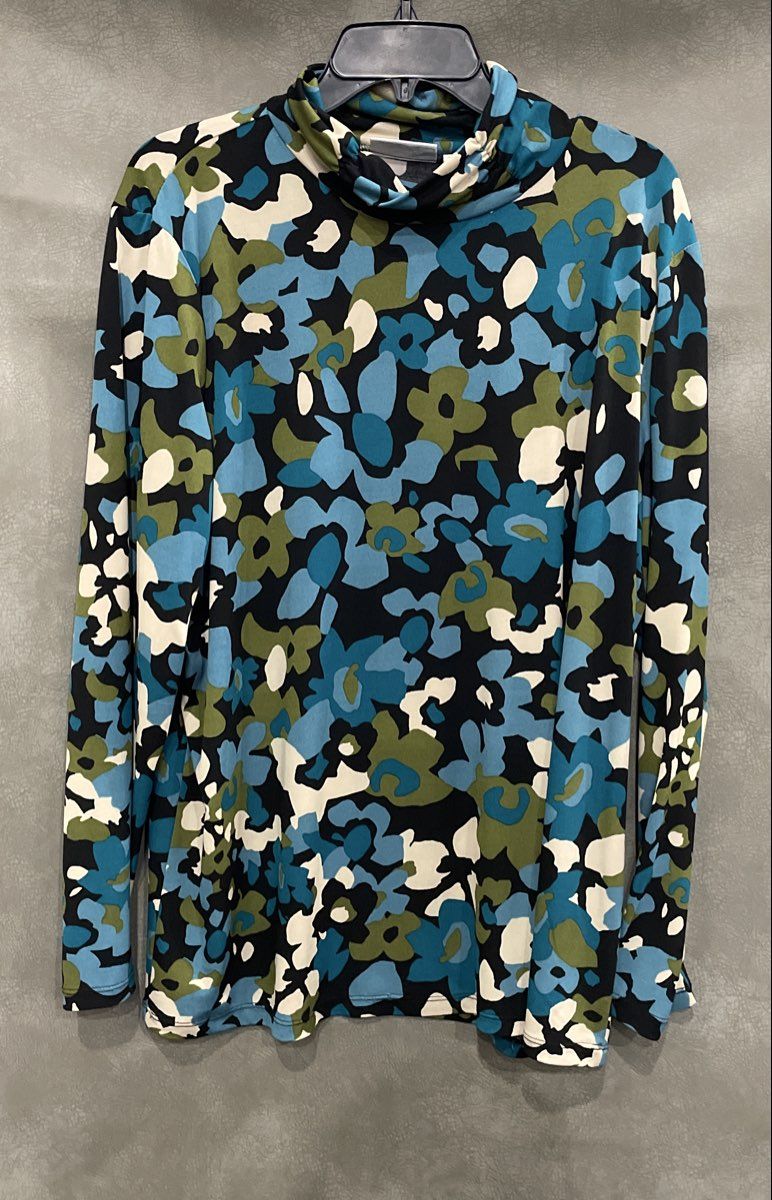 Susan Graver Women's Blue Floral Abstract Mock Neck Long Sleeve Top Size XL