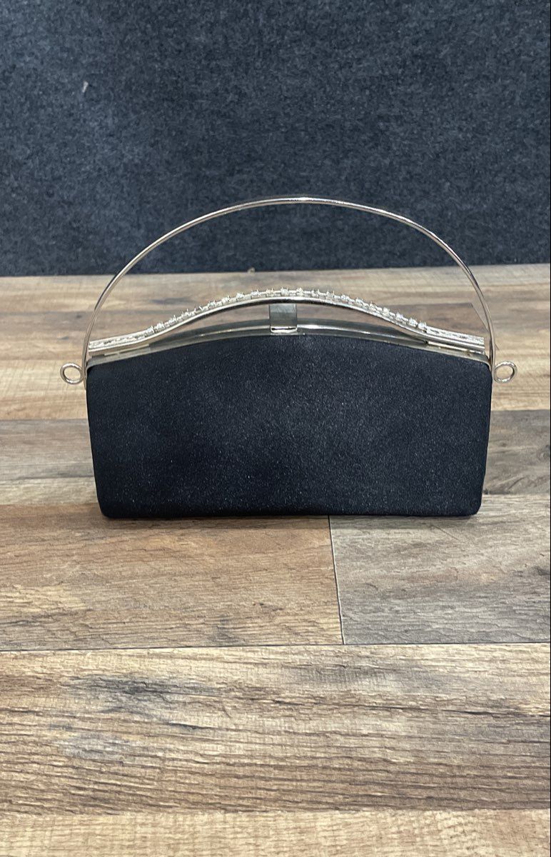 Unbranded Black Satin Evening Clutch Bag Rhinestone Trim Silver Tone Hardware