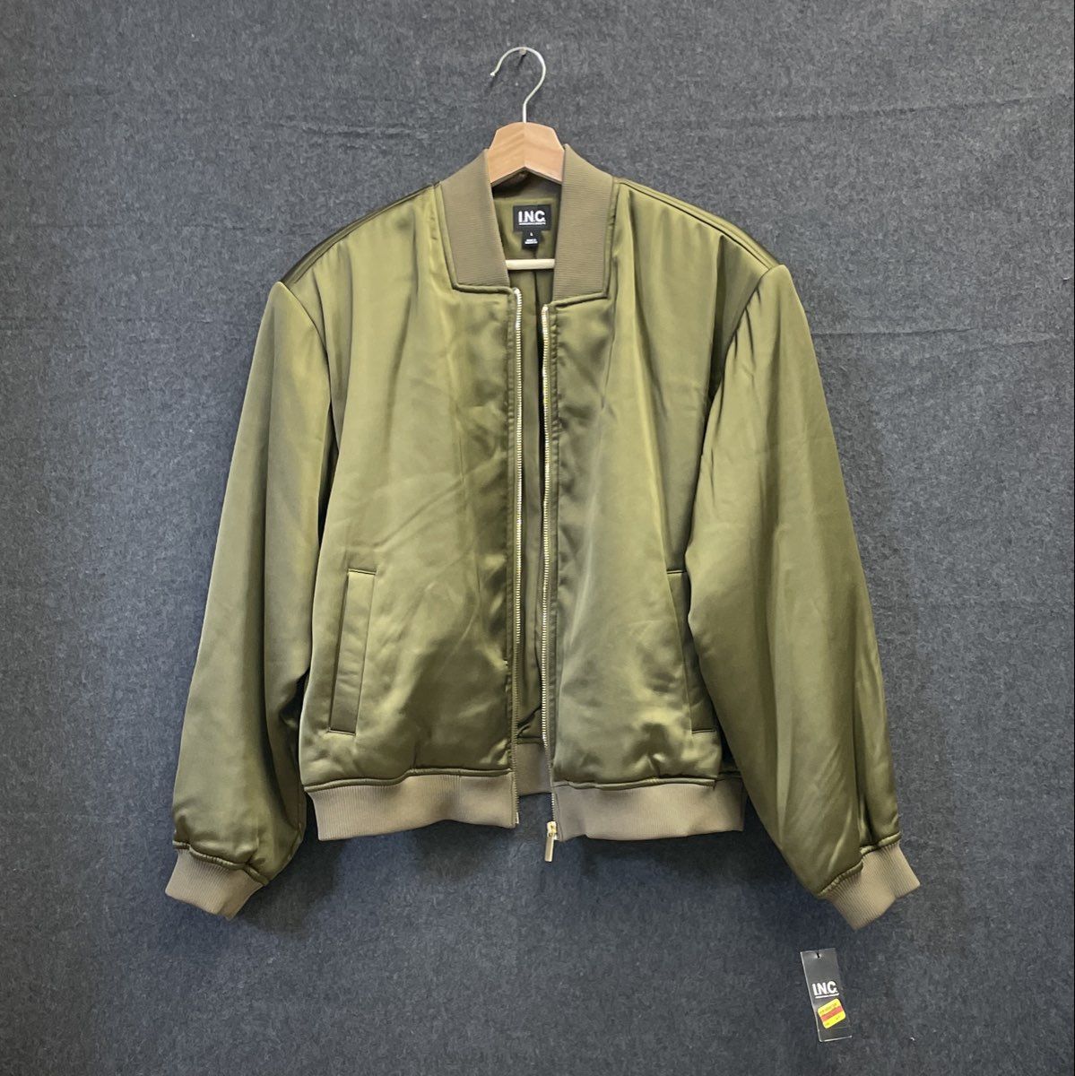 INC International Concepts Women's Olive Green Satin Bomber Jacket NWT Size L