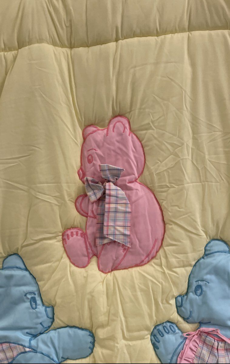 Vintage Baby Blanket Puffy Comforter Teddy Bear Applique Yellow Pink Blue Plaid