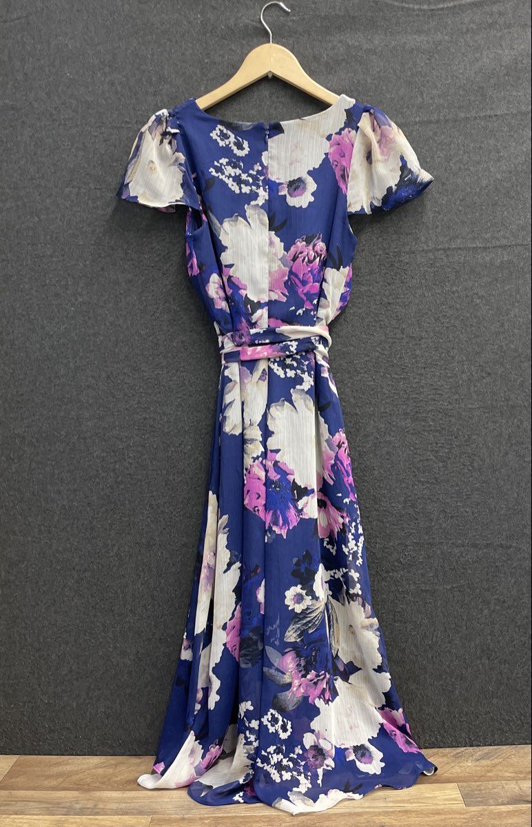 DKNY Women's Blue Floral V-Neck Tie Waist Flutter Sleeve Dress Sz 0