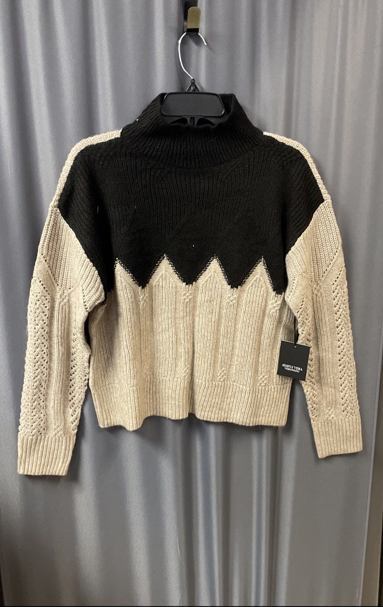 Simply Vera Vera Wang Women's Black Tan Colorblock Mock Neck Sweater PS NWT
