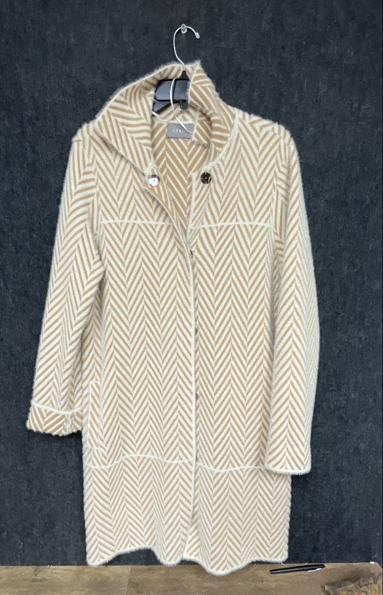 Cyrus Women's Beige White Herringbone Hooded Knit Long Cardigan Coat Sz S