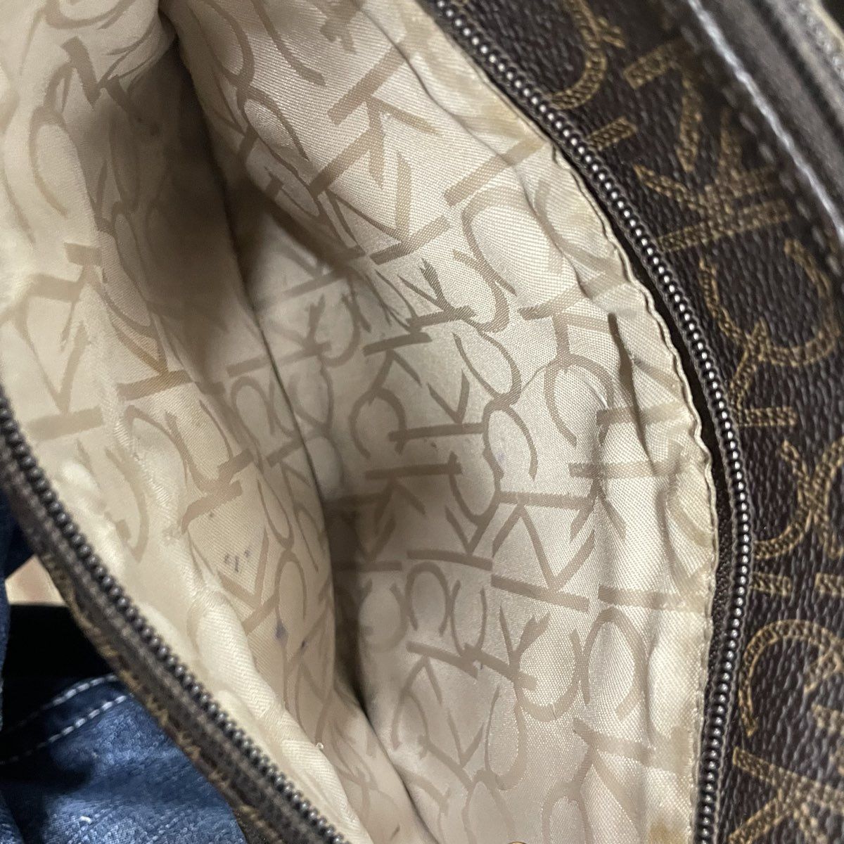 Calvin Klein Brown Tan CK Monogram Crossbody Bag Gold Tone Chain Strap