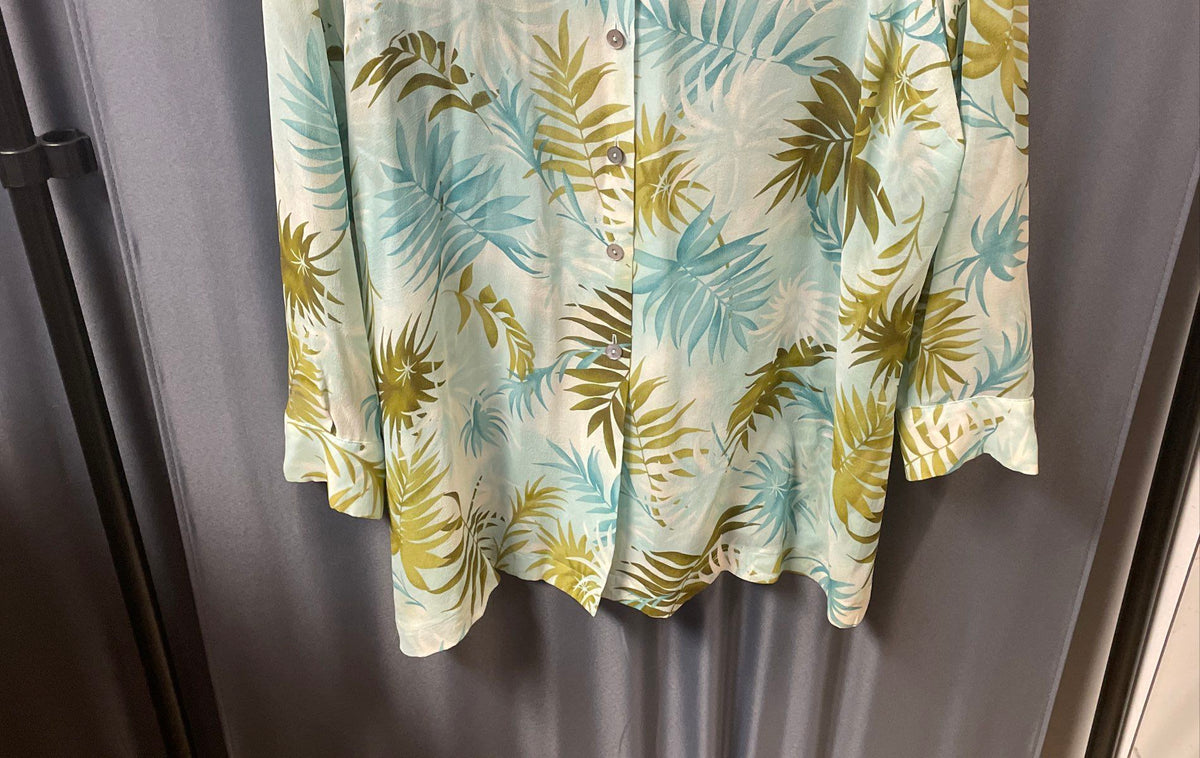 Kate Hill Women's Palm Tree Silk Button Down Top Green Blue Sz 18W