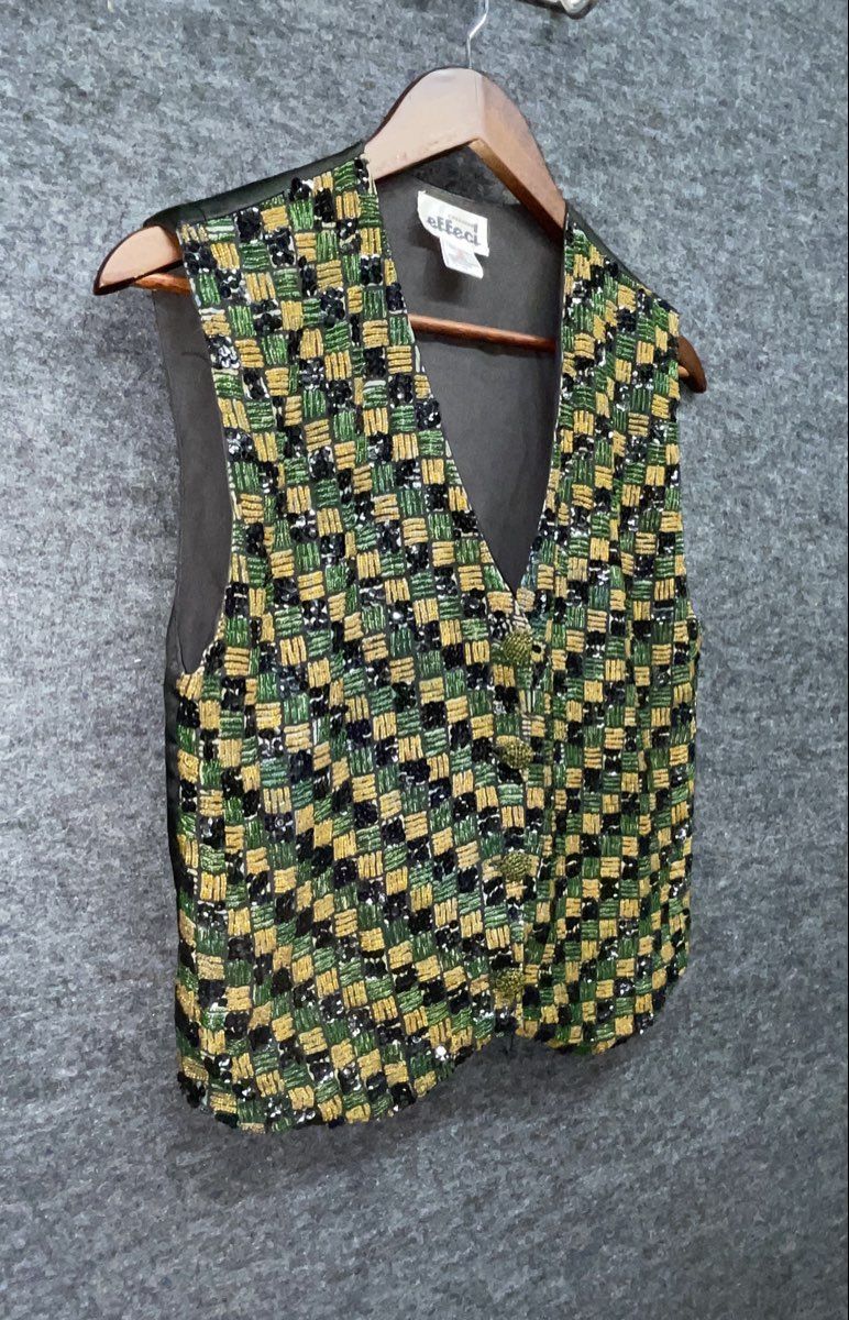 Effeci Women's Vintage 90s Beaded Sequined Checkerboard Evening Vest Sz M