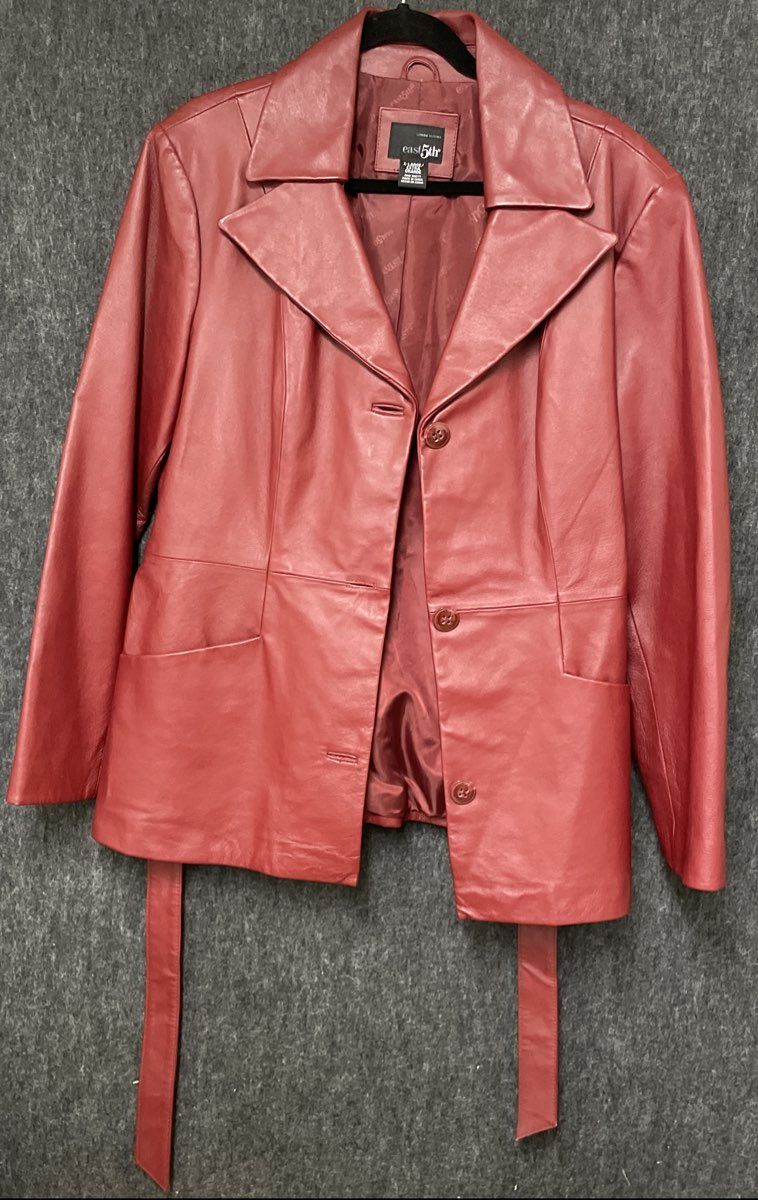 East 5th Women's Red Genuine Leather Button Front Belted Blazer Jacket XL