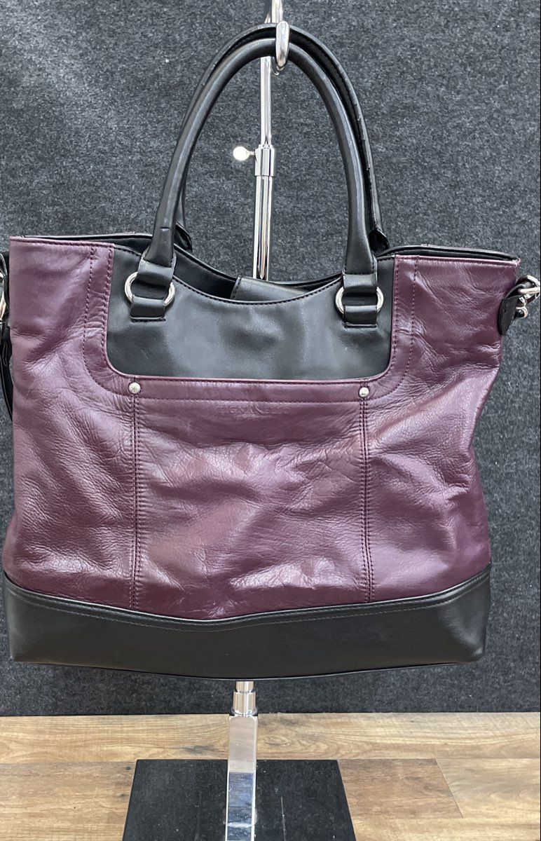 Tignanello Purple and Black Leather Tote Handbag Silver Hardware