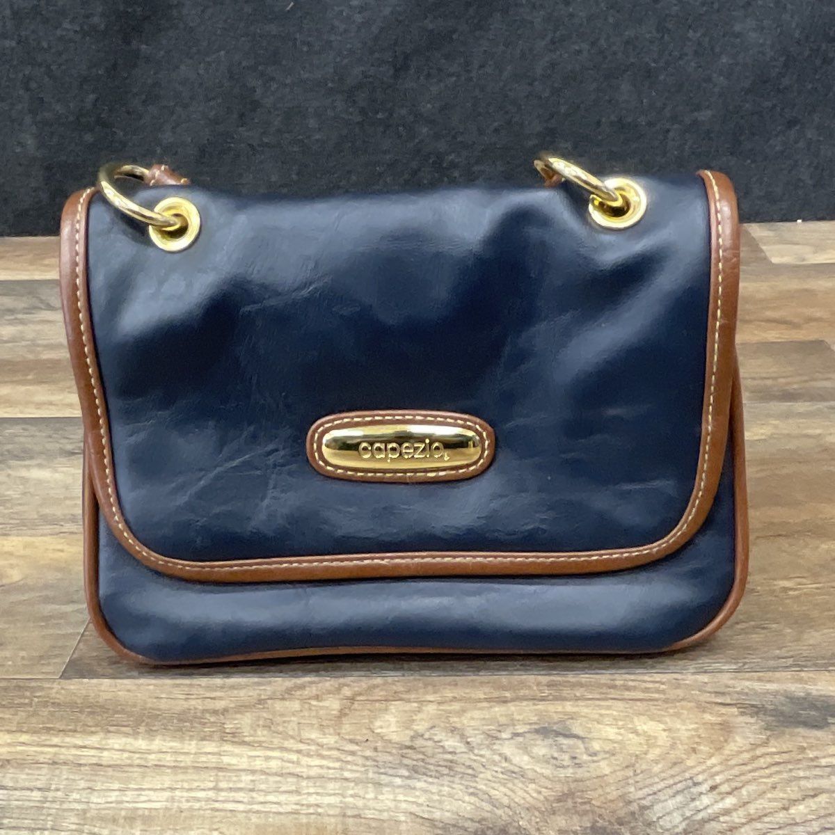 Vintage 80s Capezio Navy Blue Brown Leather Crossbody Bag Gold Hardware
