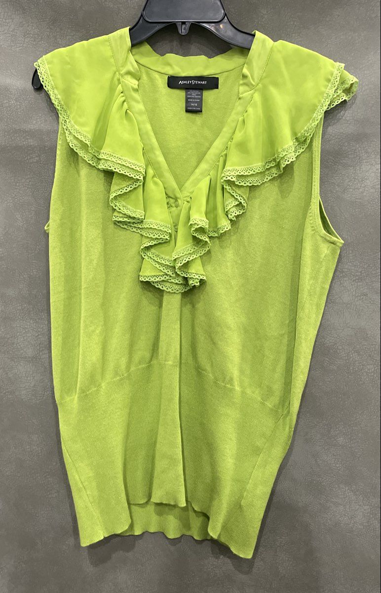 Ashley Stewart Women's Lime Green Ruffle Lace Trim Sleeveless Knit Top Sz 14/16