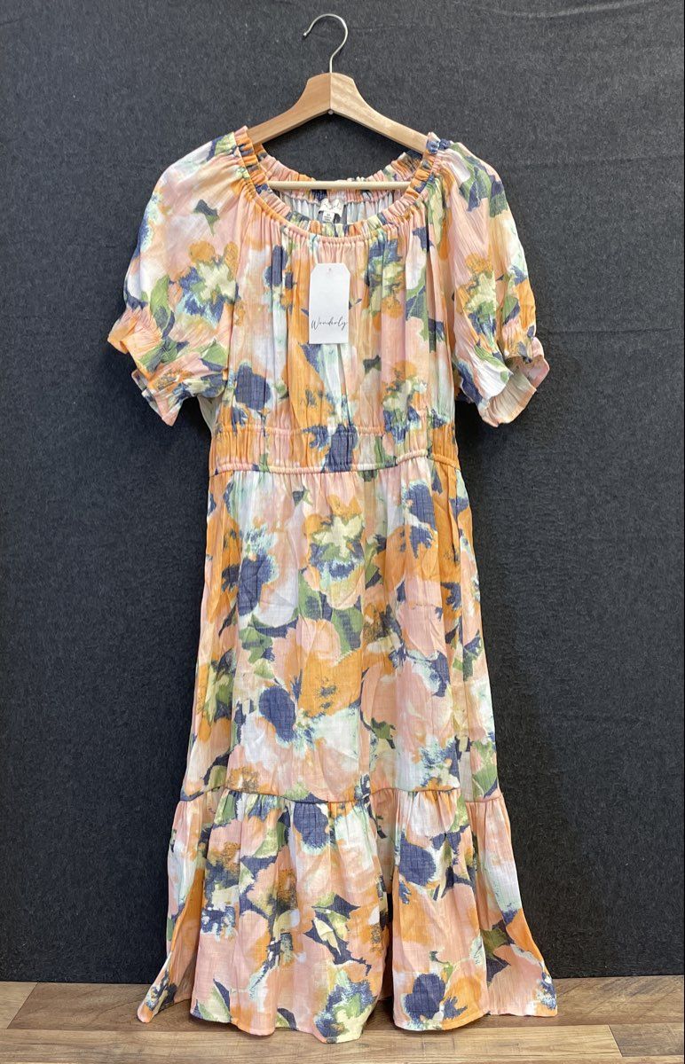Wonderly Women's Navy Blur Floral Midi Dress Puff Sleeve Tiered NWT Sz M