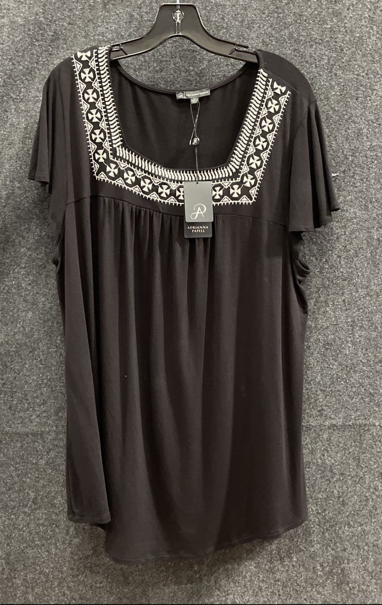 Adrianna Papell Women's Black Embroidered Square Neck Flutter Sleeve Top 2X NWT