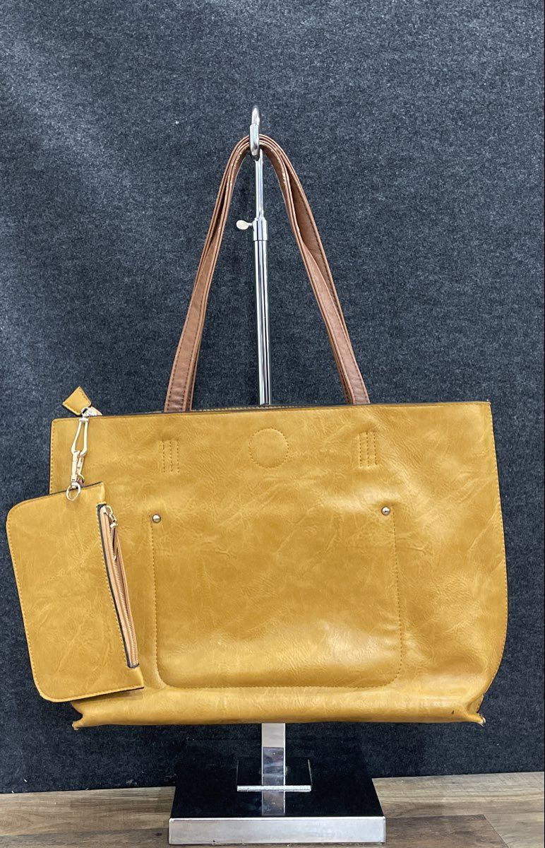 Tan Leather Tote Bag Handbag and Matching Zipper Pouch Wallet 2 Piece Set