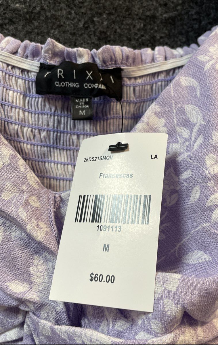 Trixxi Women's Purple Floral Twist Front Puff Sleeve Smocked Mini Dress NWT Sz M