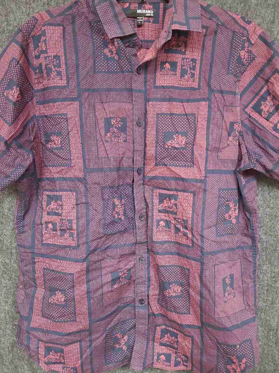 Murano Men's Purple Pink Slim Fit Short Sleeve Cotton Geometric Print Shirt Sz L