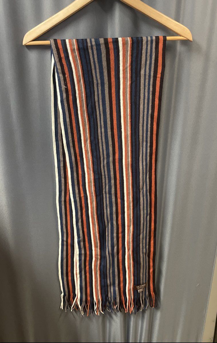 Le Ferre Unisex 100% Pure Wool Striped Scarf Earth Tones Orange Navy Gray Fringe