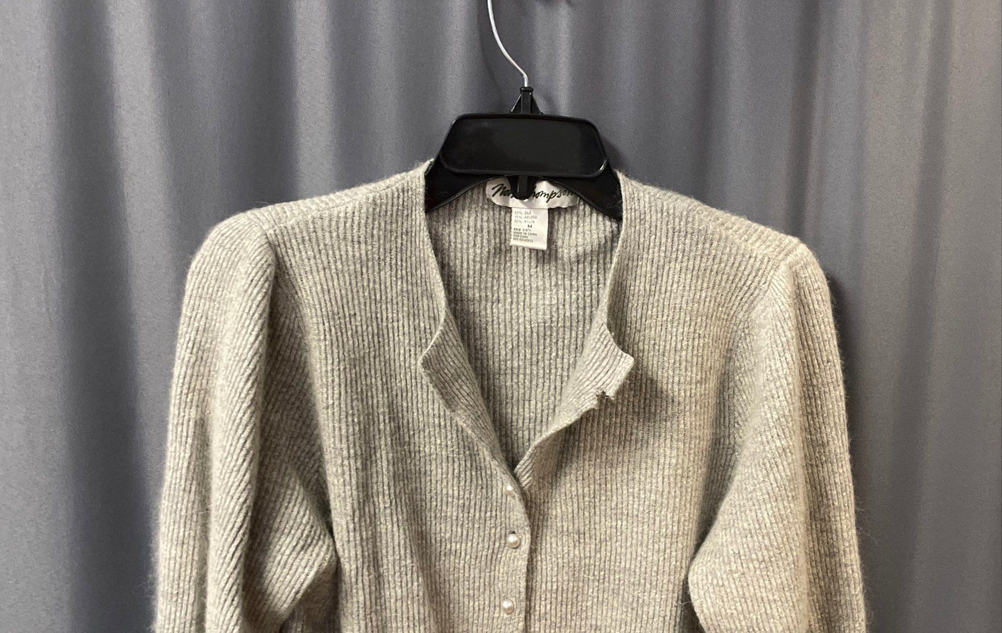 Vintage Y2K Norm Thompson Women's Gray Silk Angora Ribbed Cardigan Pearl Sz M